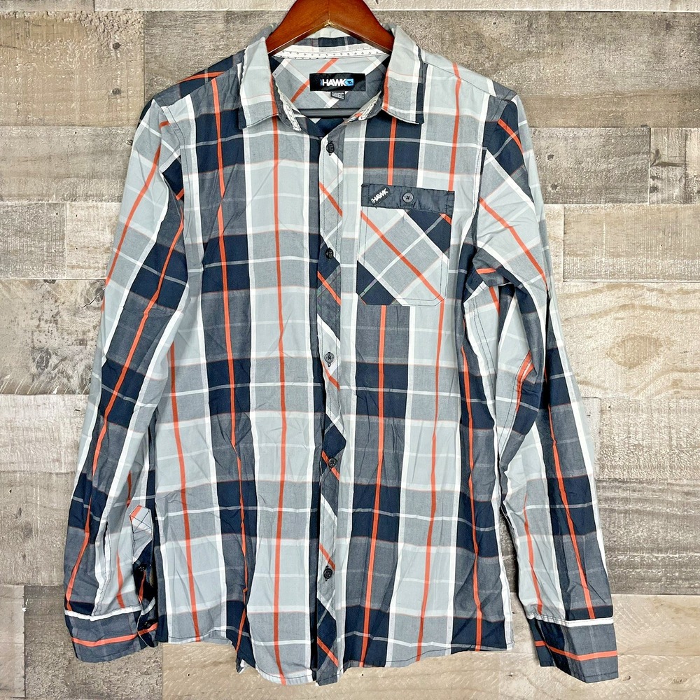 Tony Hawk Button Front Shirt Youth XL 18 20 Gray & Orange Plaid Long Sleeve